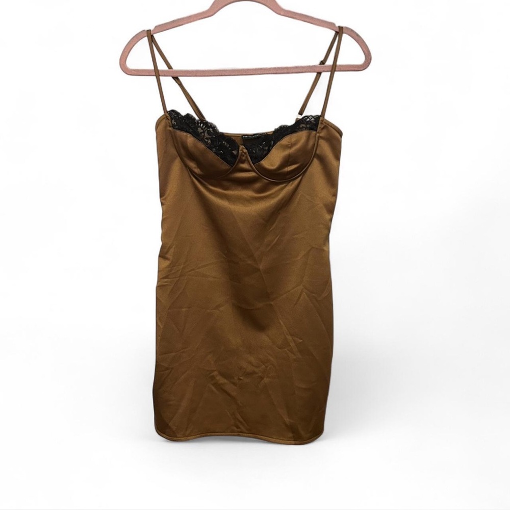 PrettyLittleThing Brown Satin Mini Dress with Black Lace